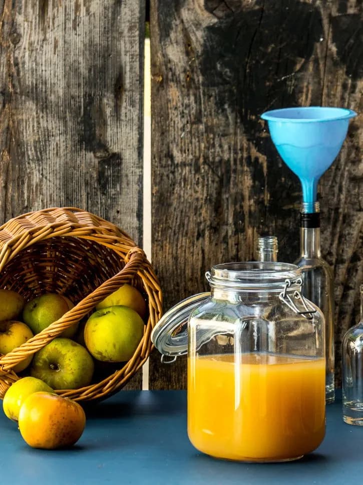 Fabrication du vinaigre de cidre maison, pommes, vinaigre en cours de fermentation et matériel nécessaire à la préparation.