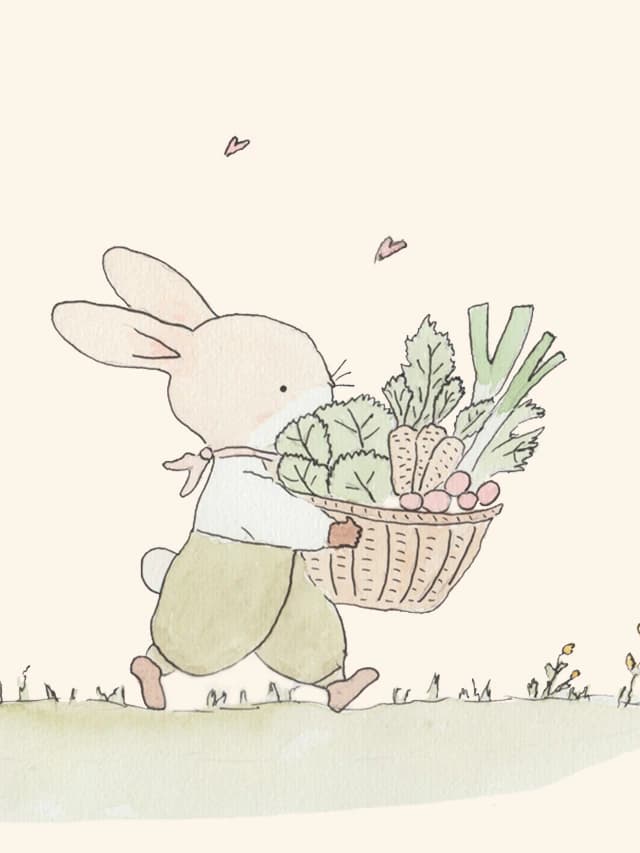 Illustration aquarelle d'un lapin transportant un panier de légumes