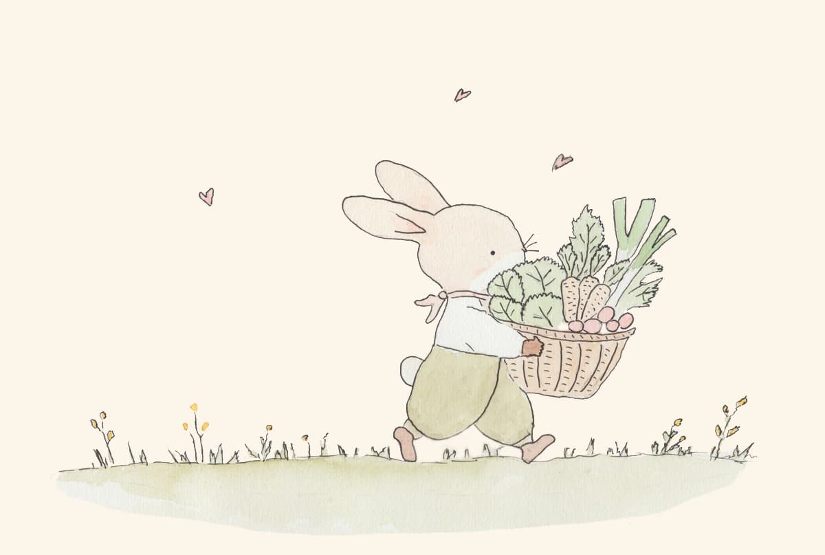 Illustration aquarelle d'un lapin transportant un panier de légumes