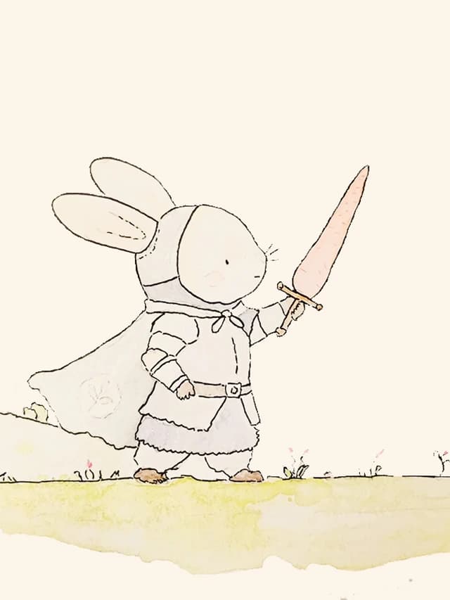 Doodle Aquarelle d'un lapin habillé en chevalier et tenant une carotte comme épée
